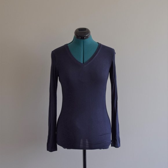 Long Sleeve Tight Bodycon Navy Blue Shirt Top - Picture 1 of 6
